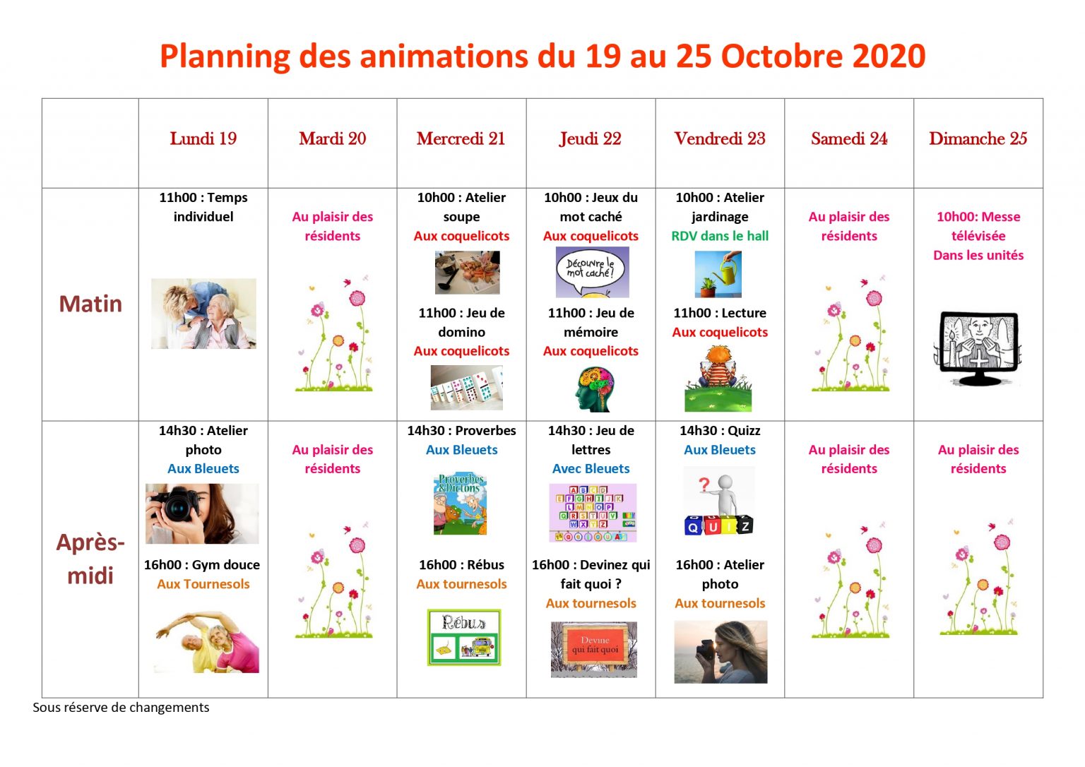 Le planning des animations du 19/10 au 25/10 - EHPAD Fouquières