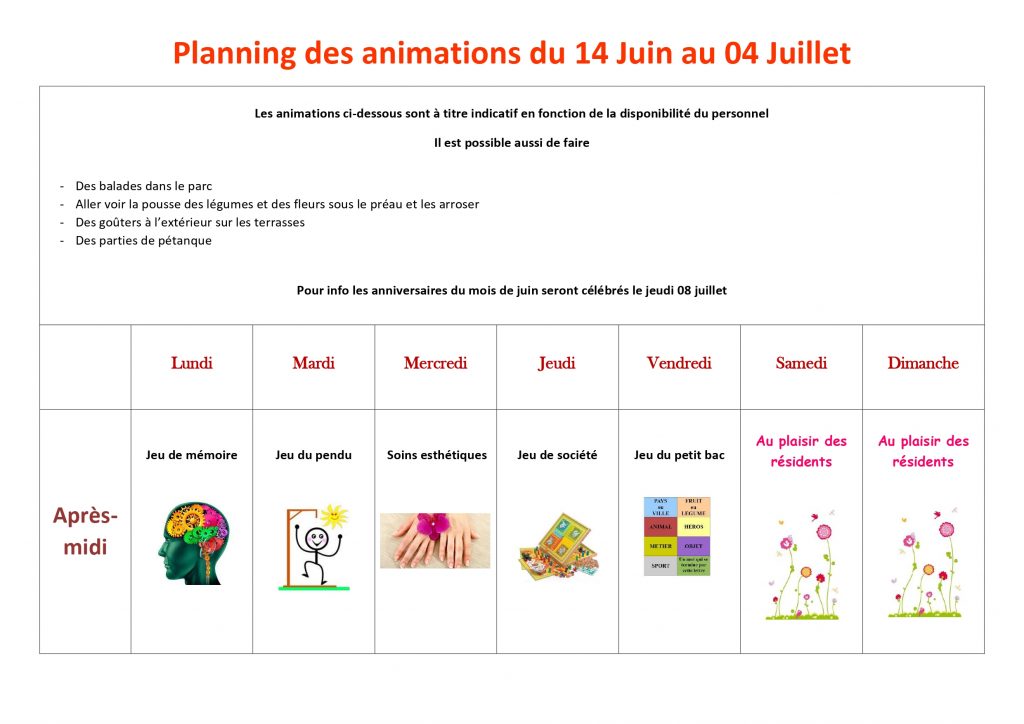 Planning des activités - EHPAD Fouquières - Coquelicots et Bleuets